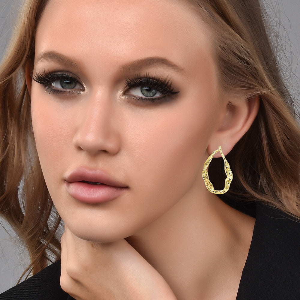 Organic Irregular Water Drop Hoop Earrings, Hammered Liquid Texture Gold Open Hoops, Minimal Quiet Luxury Women Jewelry For Europe Spain