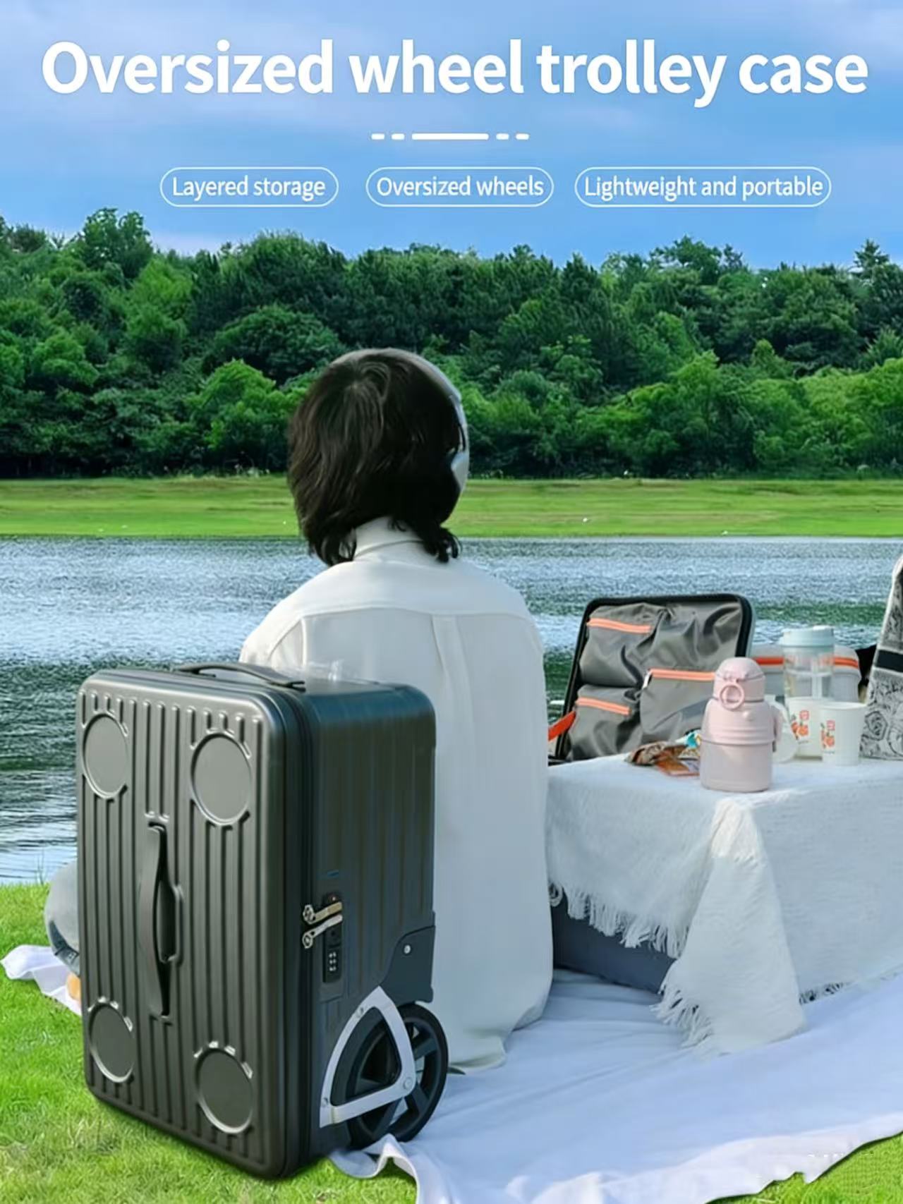 PC Material Large Wheel Luggage, 20 Inches, 24 Inches, TSA Lock, Folding Cup Holder, Outdoor Travel Luggage With Phone Holder And USB Port, Portable Rolling Luggage