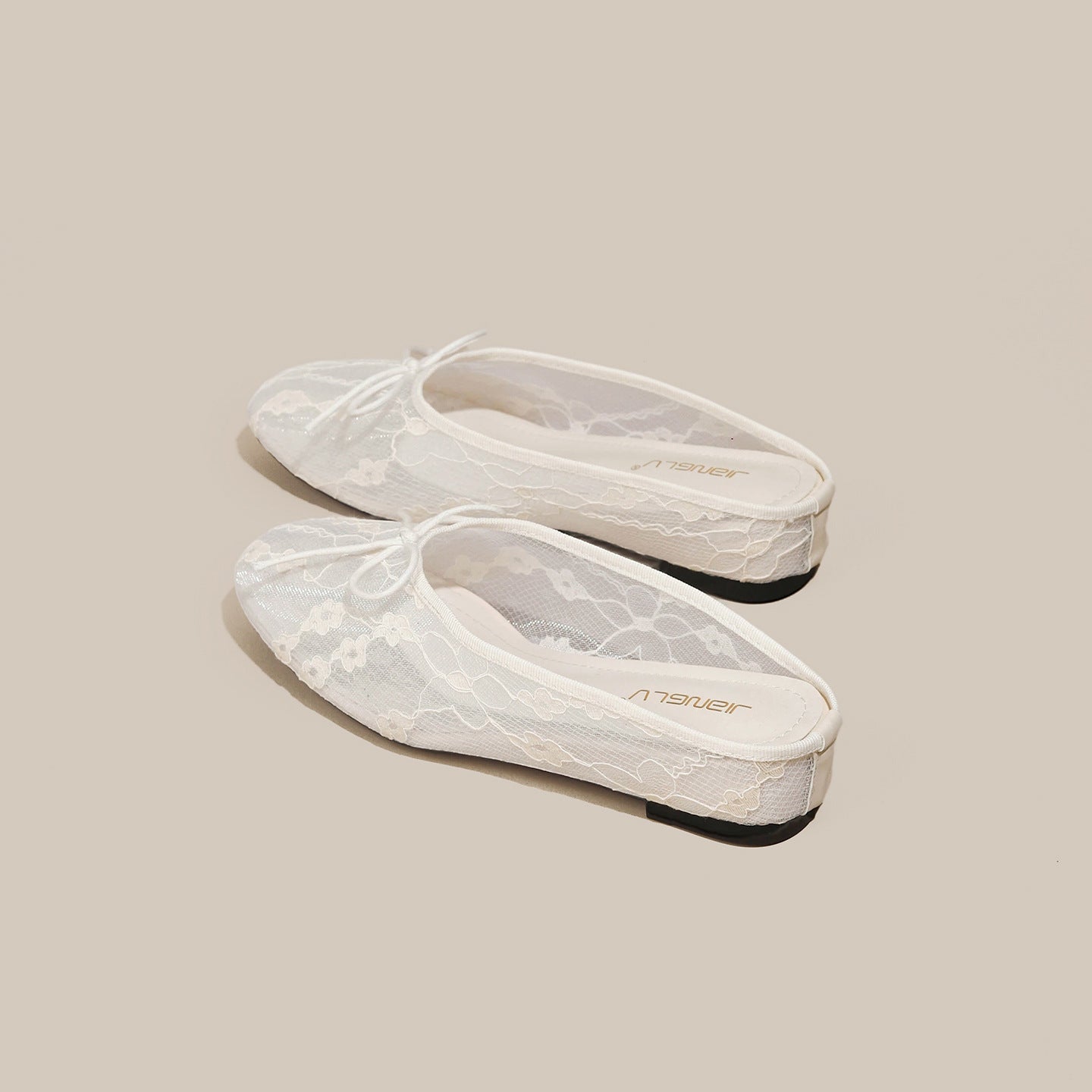 4cm Hidden-Heel Bow-Knot Lace Fishnet Breathable Hollowed-Out Closed-Toe Half Slippers