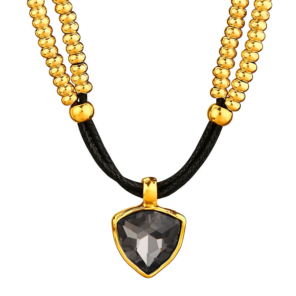 Two Layer Silver Bead Black Wax Cord Choker, Smoky Grey Heart Cubic Zirconia Punk Necklace, Y2K Cool Jewelry For European Spanish Women