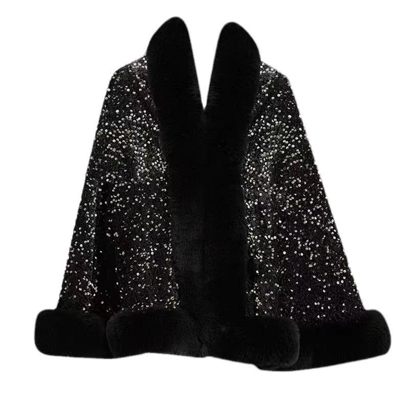 Sequined Fur Collar Knitted Inverness Women