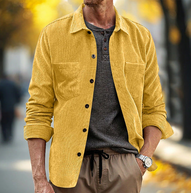 Mens Corduroy Long-Sleeve Casual Pocket Lapel Shirt Jacket
