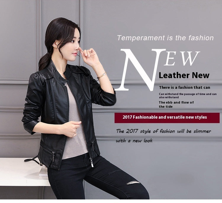 Korean-Style Slim Fit Motorcycle Leather Coat — Stand-Up Collar