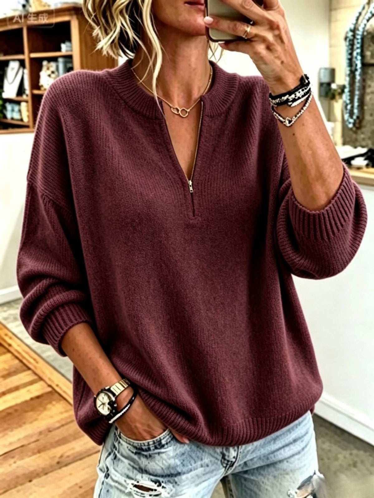 Korean-style Casual Stand-collar Half-zip Sweater For Women