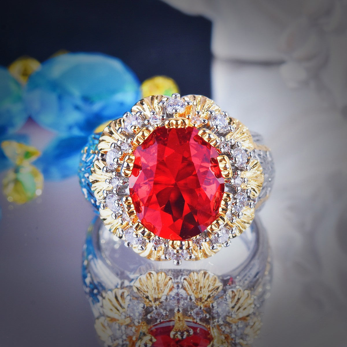 Vintage Two Tone Floral Prong Adjustable Open Ring For Women, Square Cut Scarlet Tone Simulated Zirconia Full Micro Pave Rhinestone Light Luxury Party Statement Finger Jewelry