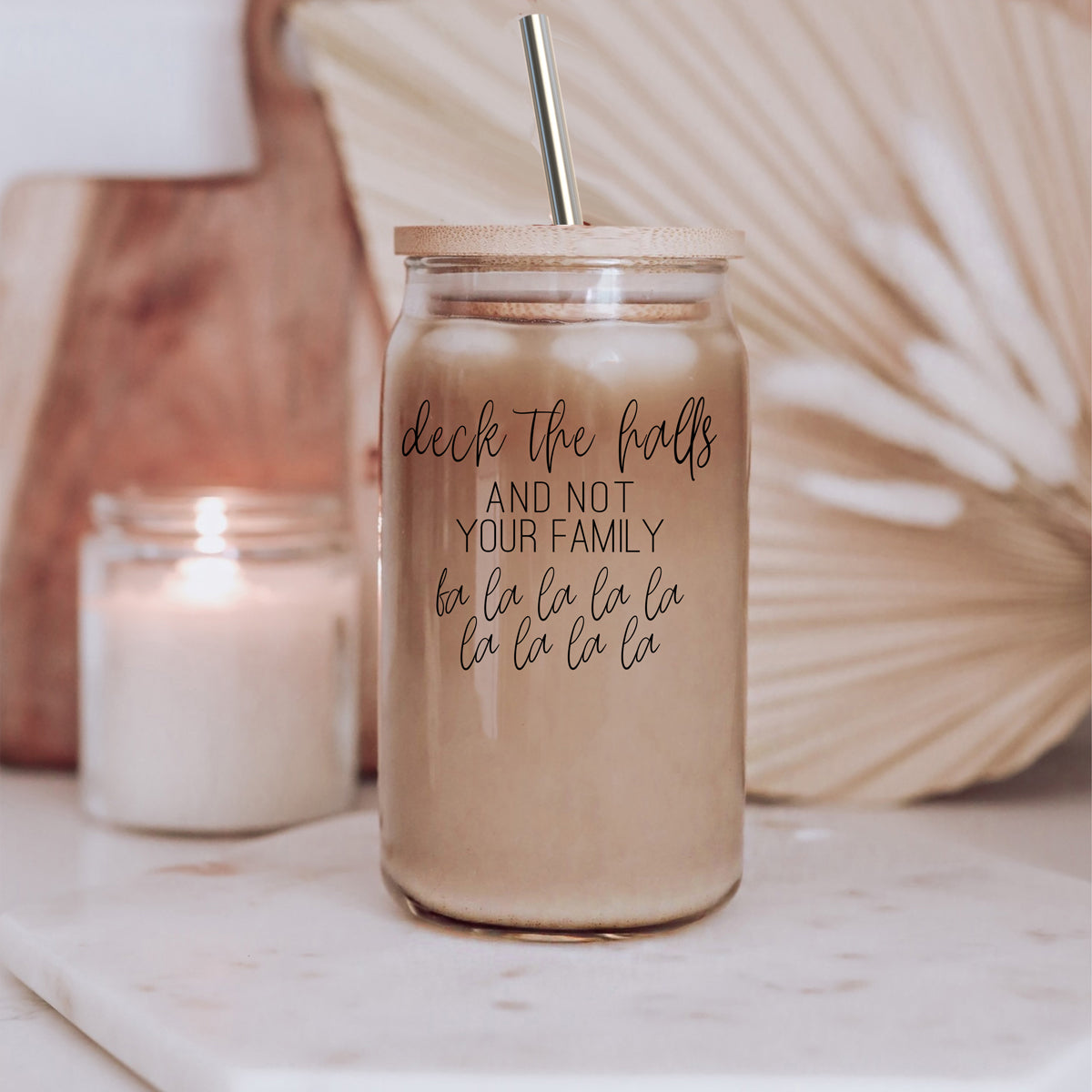 Deck The Halls 17oz Glass Tumbler With Bamboo Lid, Stainless Straws and Cleaner