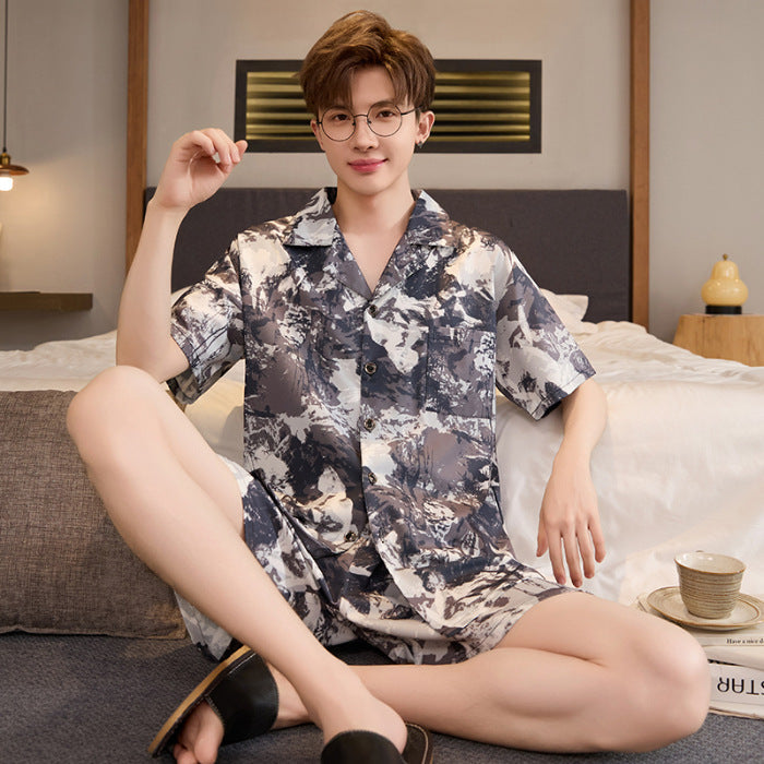 Mens Summer Cardigan Ice-silk Short-sleeve Top And Shorts