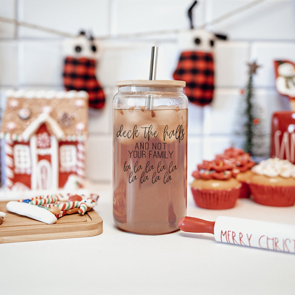 Deck The Halls 17oz Glass Tumbler With Bamboo Lid, Stainless Straws and Cleaner