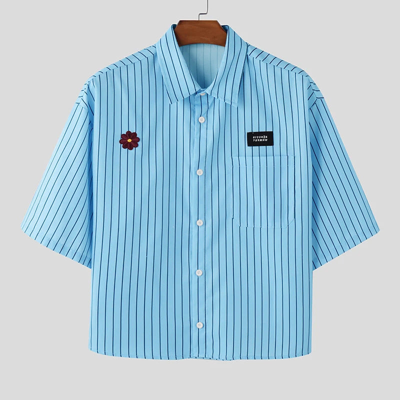 Loose-fitting Cropped Mens Striped Short-sleeve Shirt