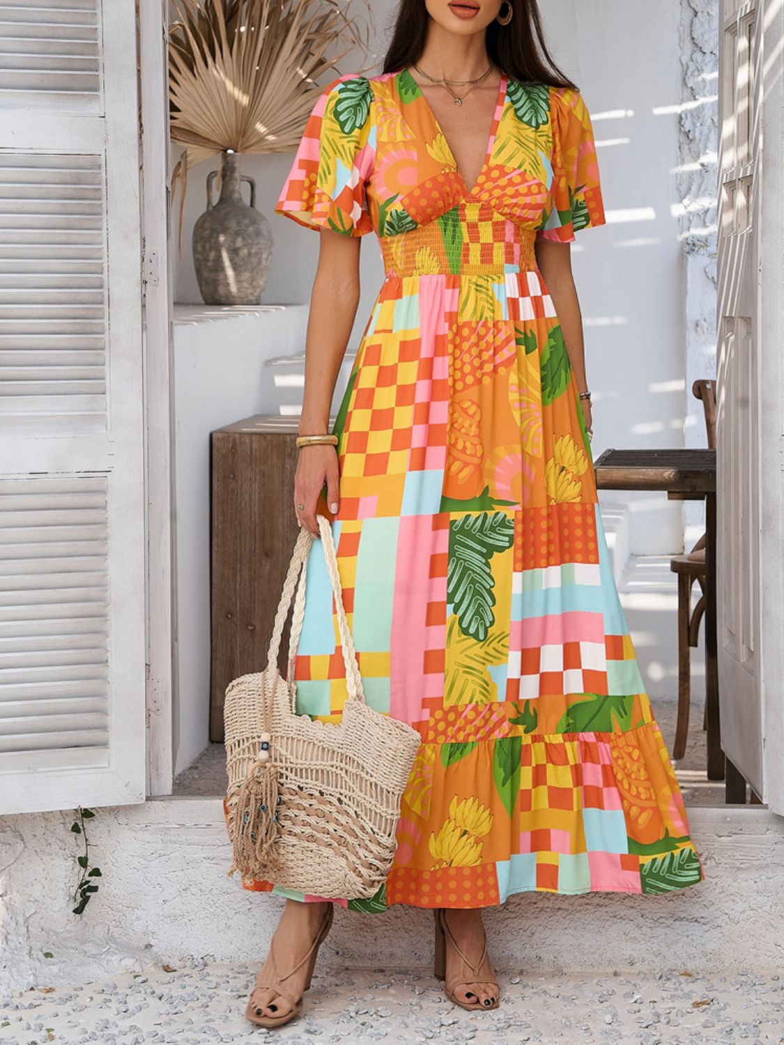 Elegant Printed V-Neck Short Sleeve Maxi Dress Beautiful Casual Women Long Dress