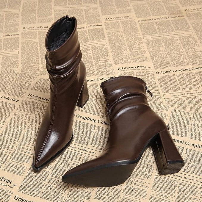 Pointed-toe Velvet-lined Warm High-heeled Boots For Women