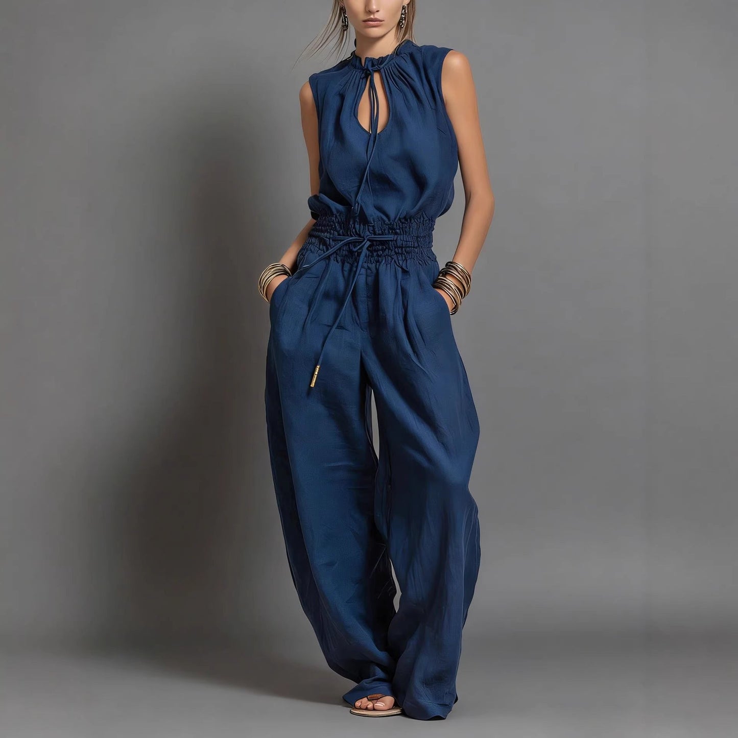 Women's Sleeveless High-Waist Wide-Leg Pleated Jumpsuit
