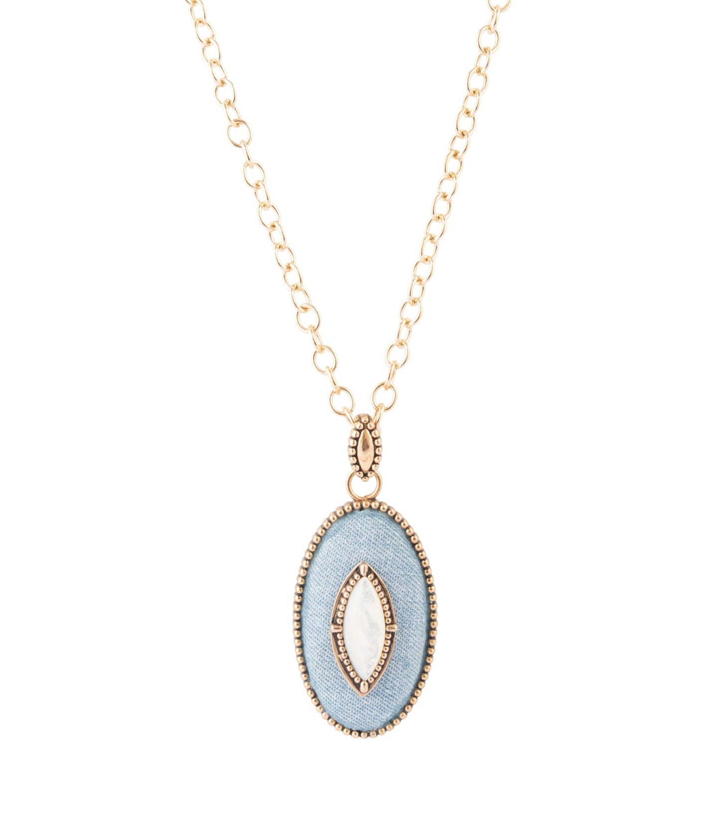 Collier avec pendentif doré en nacre blanche et jean bleu