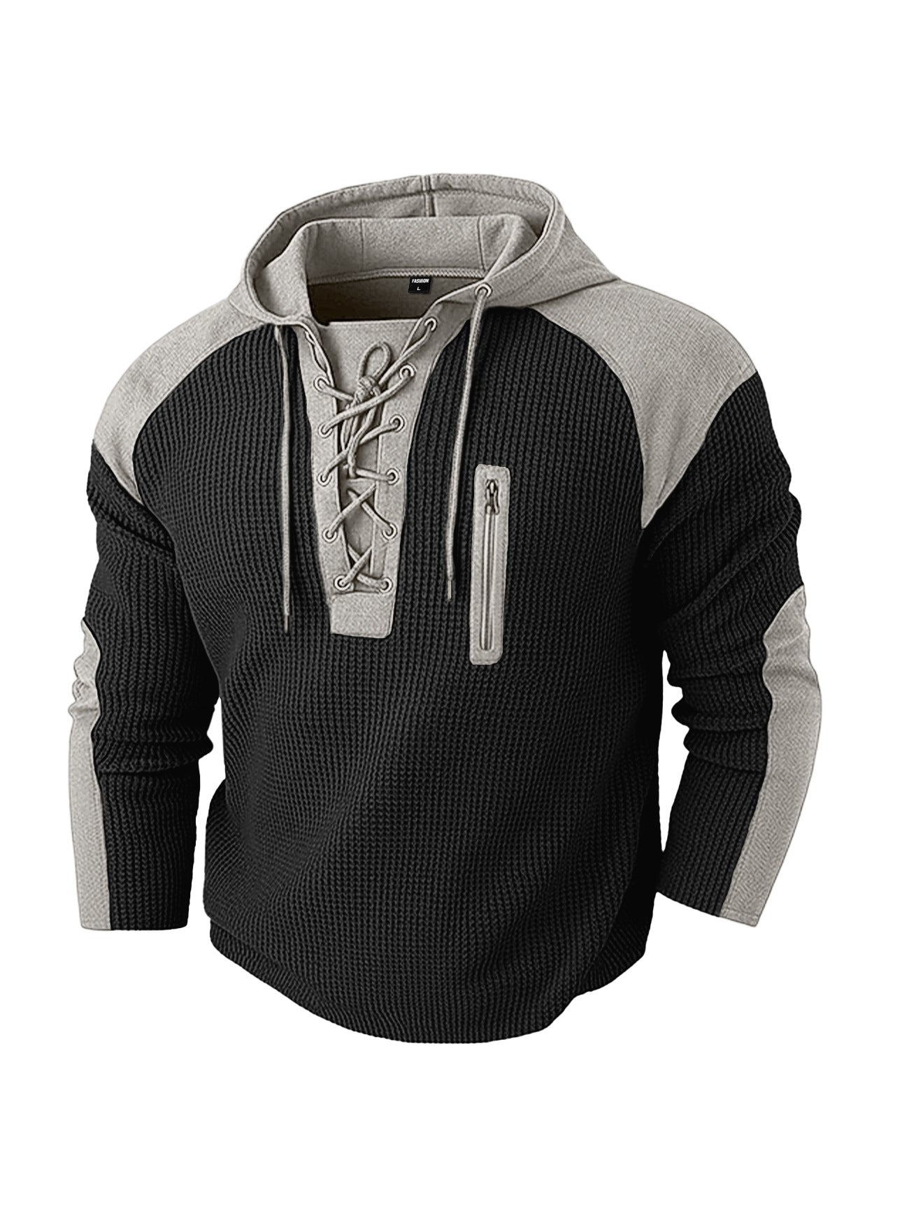 Mens Drawstring Hoodie Waffle-Weave Sweatshirt