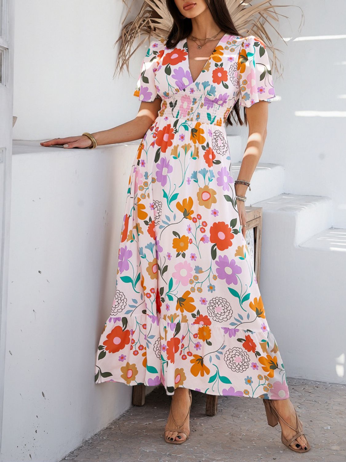 Elegant Printed V-Neck Short Sleeve Maxi Dress Beautiful Casual Women Long Dress