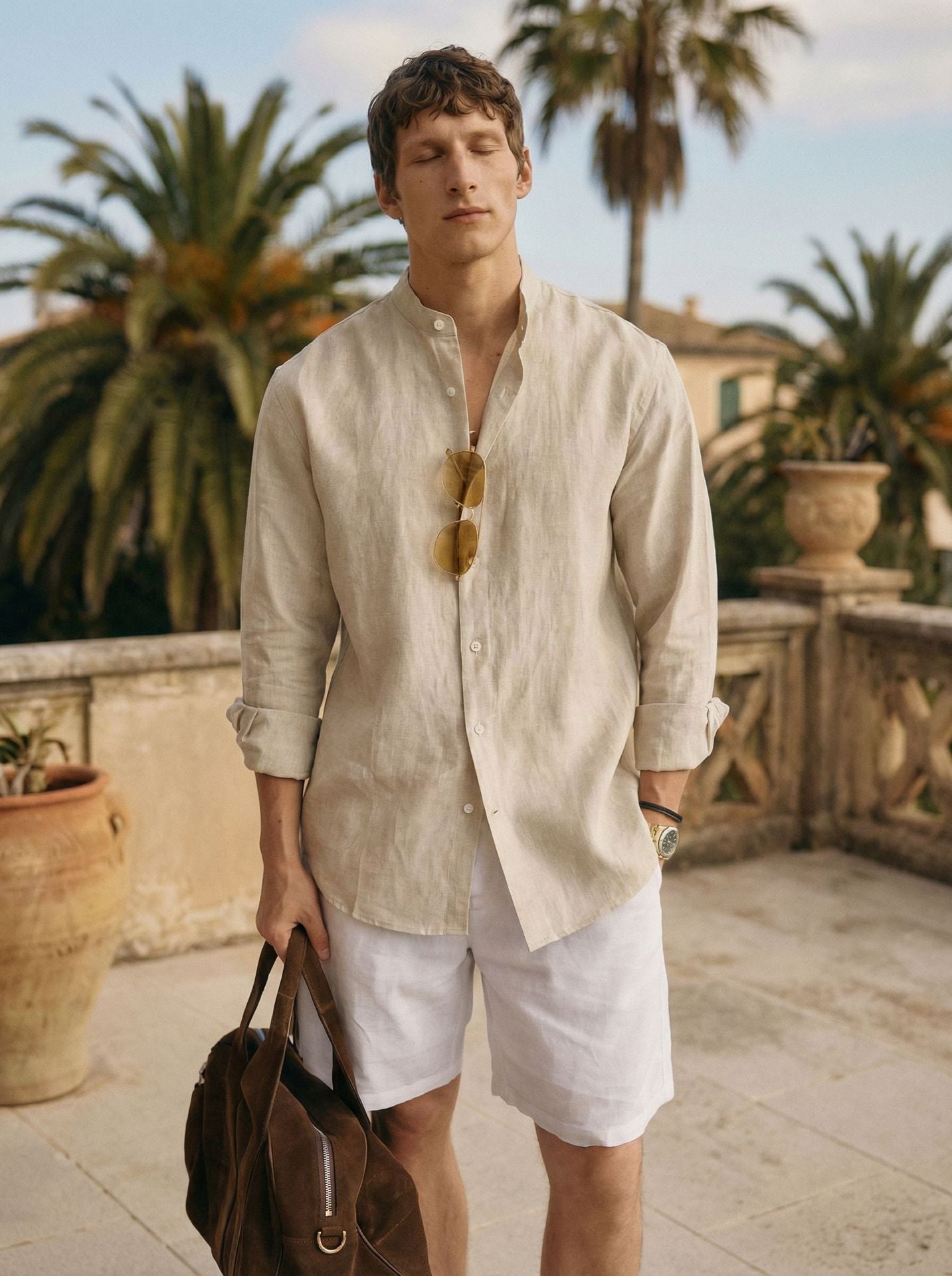 Mens Solid Color Loose Fit Casual Linen Shirt Top