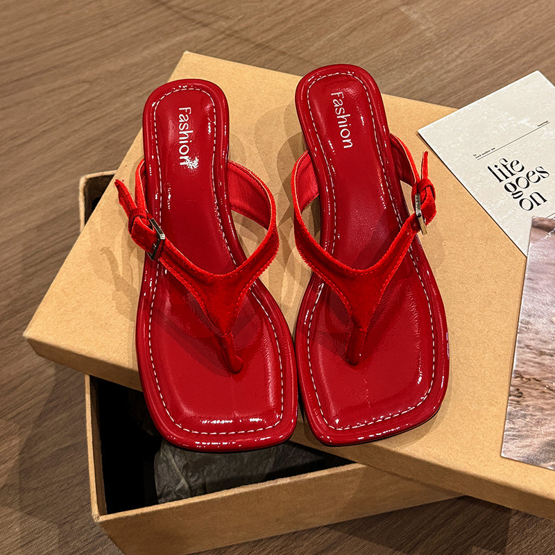 Women's French Square Toe Wedge Platform Thong Sandals For Outdoor Wear