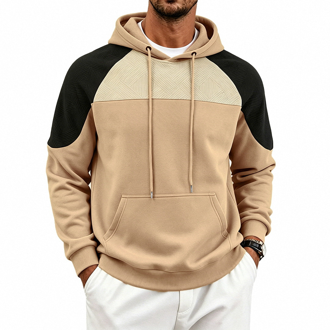 Fleece-lined Mens Patchwork Color-block Textured Loose-fit Hooded Jacket