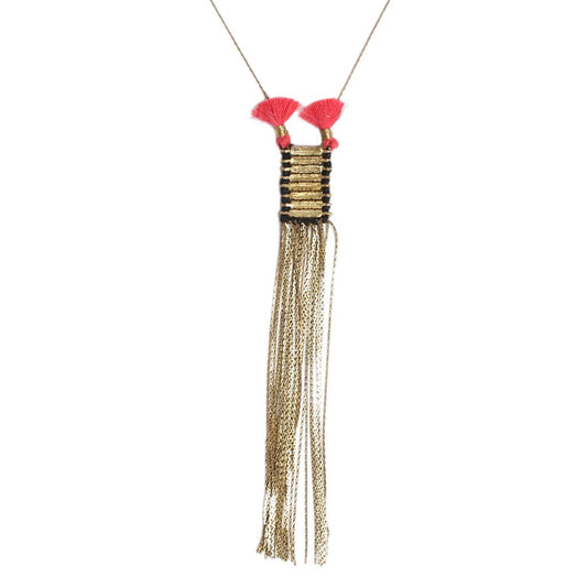Collier plastron à double pompon, pompon en coton, frange métallique, chaîne de 81 cm, fait main