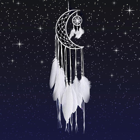Dream Catcher Wall Decor with White Feathers Indian Style Dream-catcher Moon Handmade Wind Chimes Wall Ornament Girls Room Decoration Feather Dream Catcher For Kids Women Wedding Bohemian Wall Decor