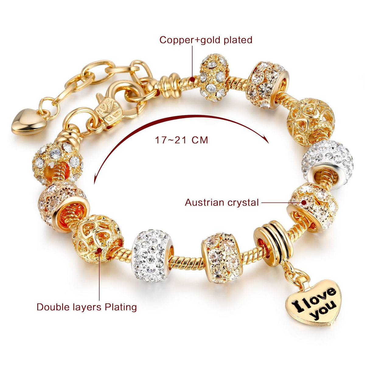 Goldherz-Anhängerarmband | Schlangenkette mit Zirkonia-Kristallen