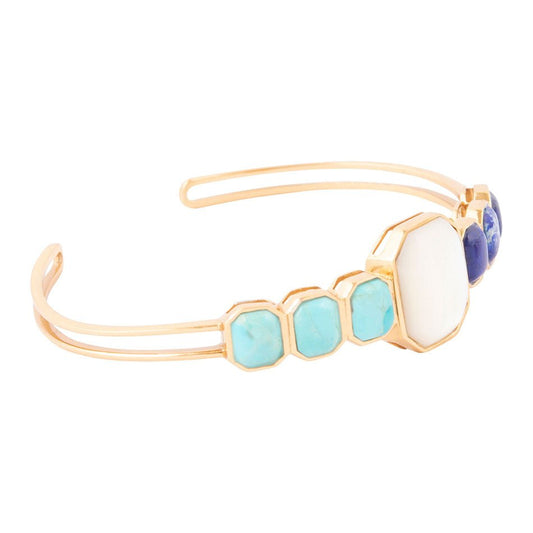 Bracelet manchette doré bicolore en lapis-turqouise bleu et nacre blanche