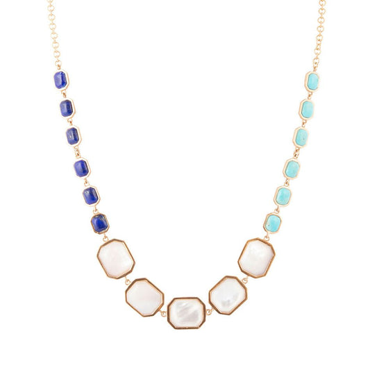 Collier doré double couleur lapis-lazuli bleu, turquoise et nacre blanche