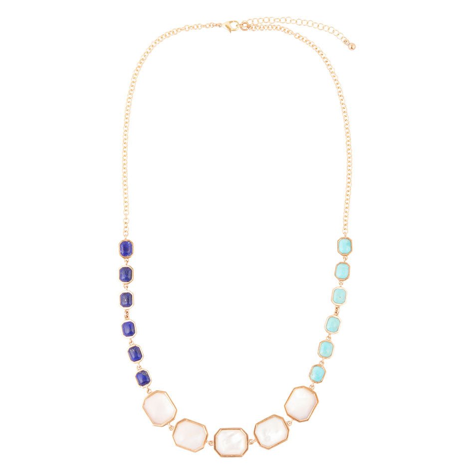 Collier doré double couleur lapis-lazuli bleu, turquoise et nacre blanche