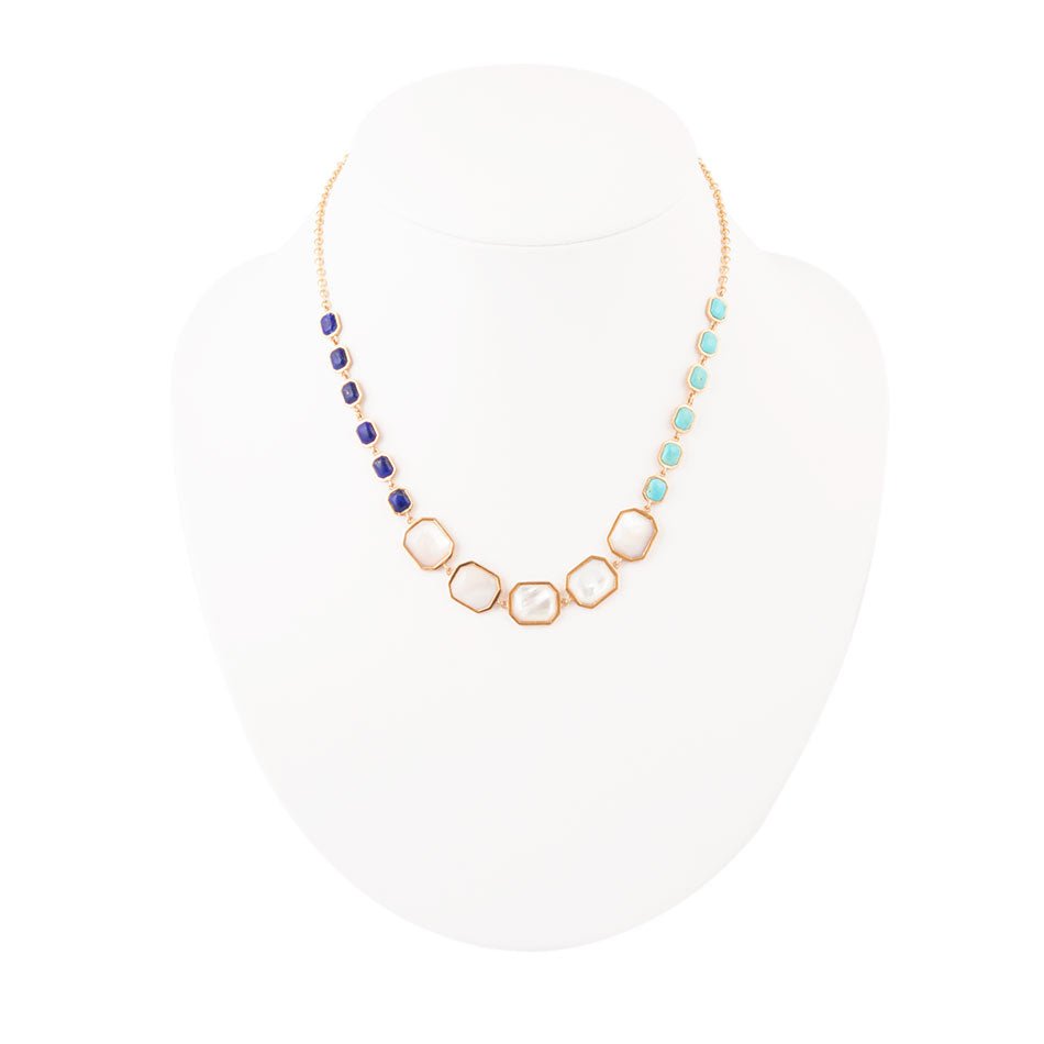 Collier doré double couleur lapis-lazuli bleu, turquoise et nacre blanche