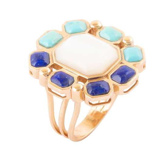 Bague dorée double couleur lapis-lazuli bleu, turquoise et nacre blanche