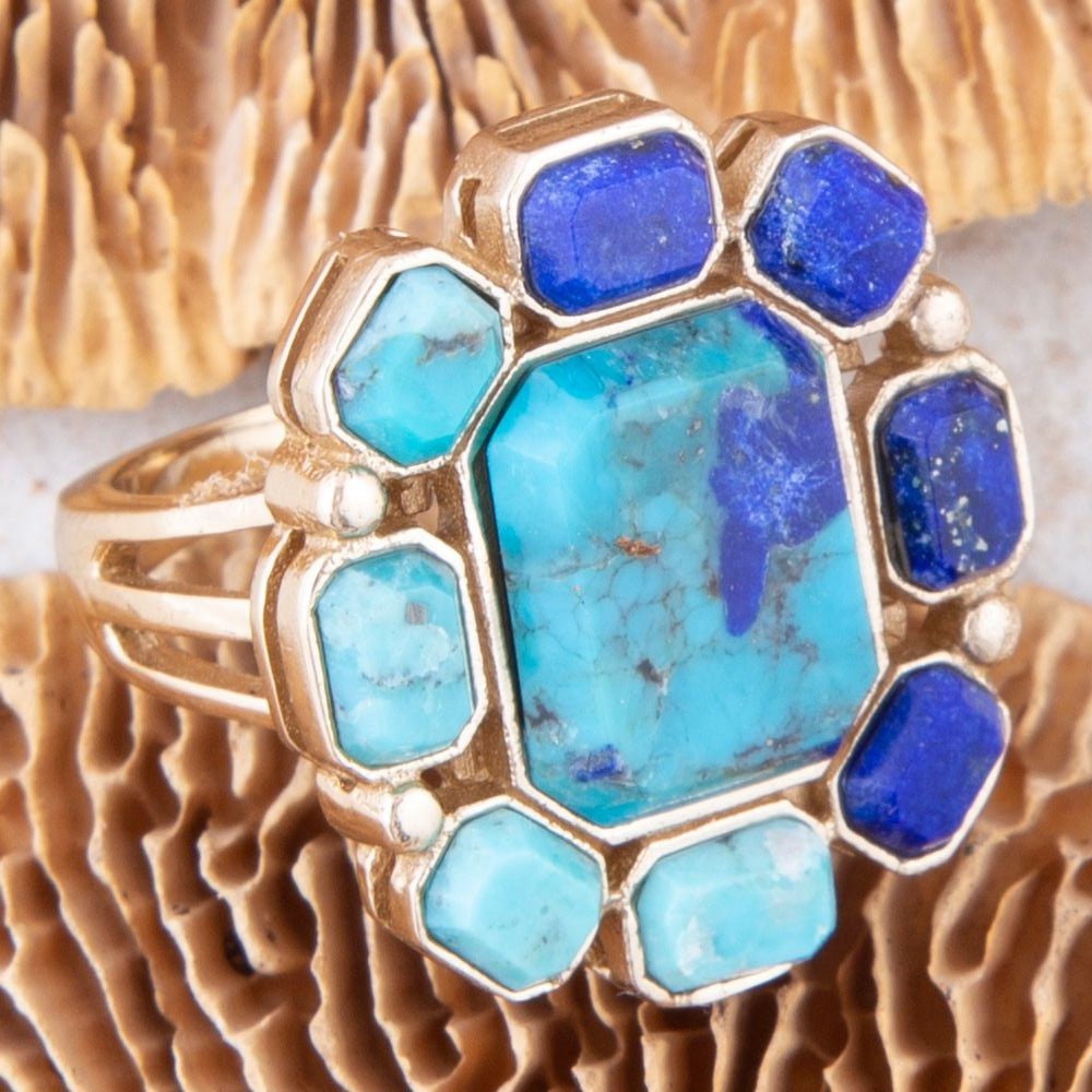 Duality Blauer Lapislazuli und Türkis Goldener Statement-Ring
