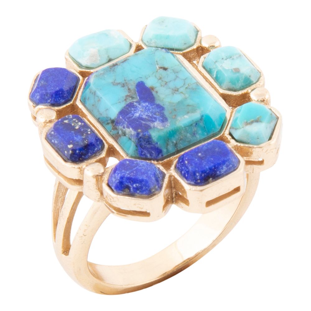 Duality Blauer Lapislazuli und Türkis Goldener Statement-Ring