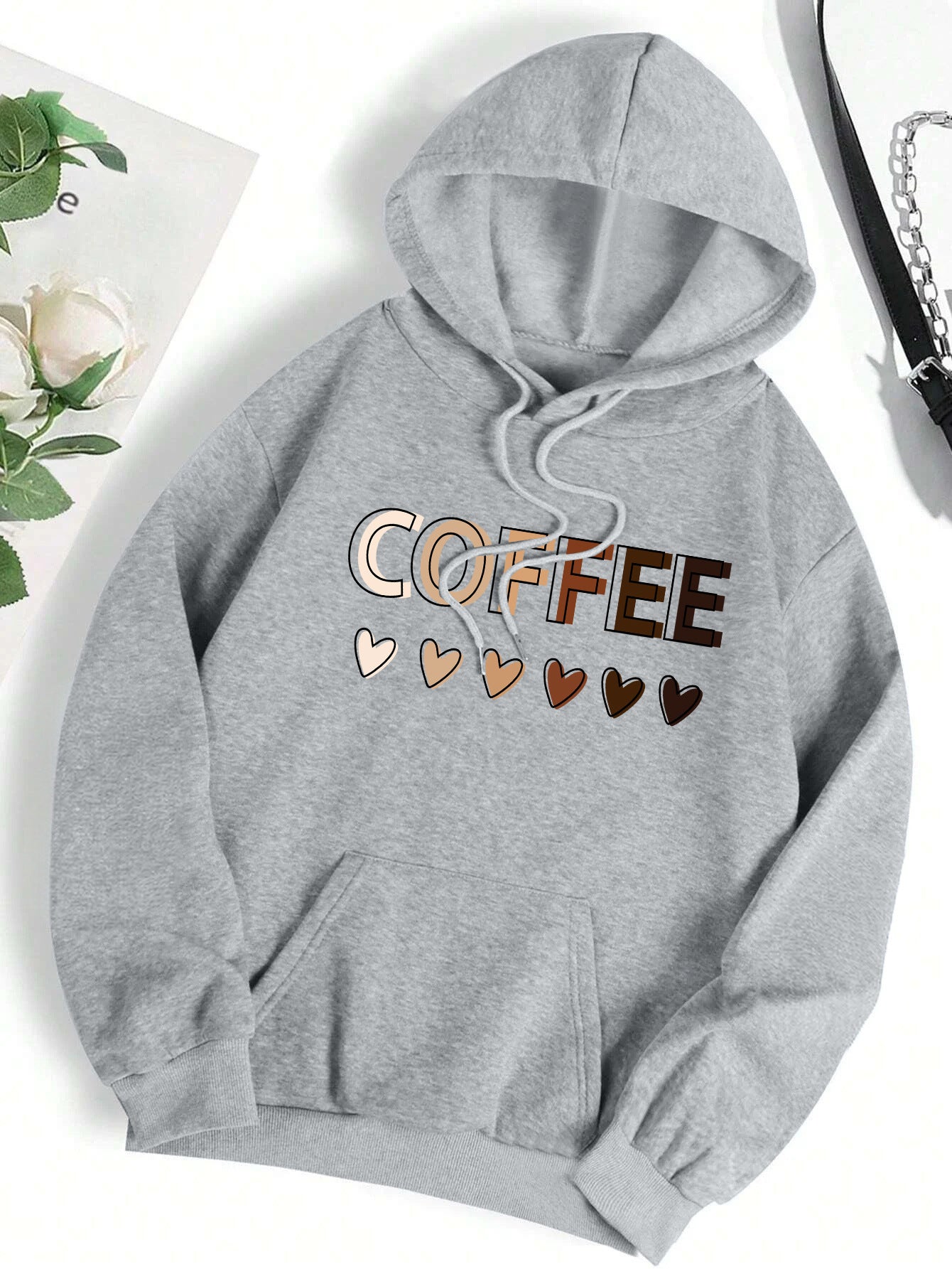 Casual Hooded Sweatshirt With Coffee-themed Lettering Print