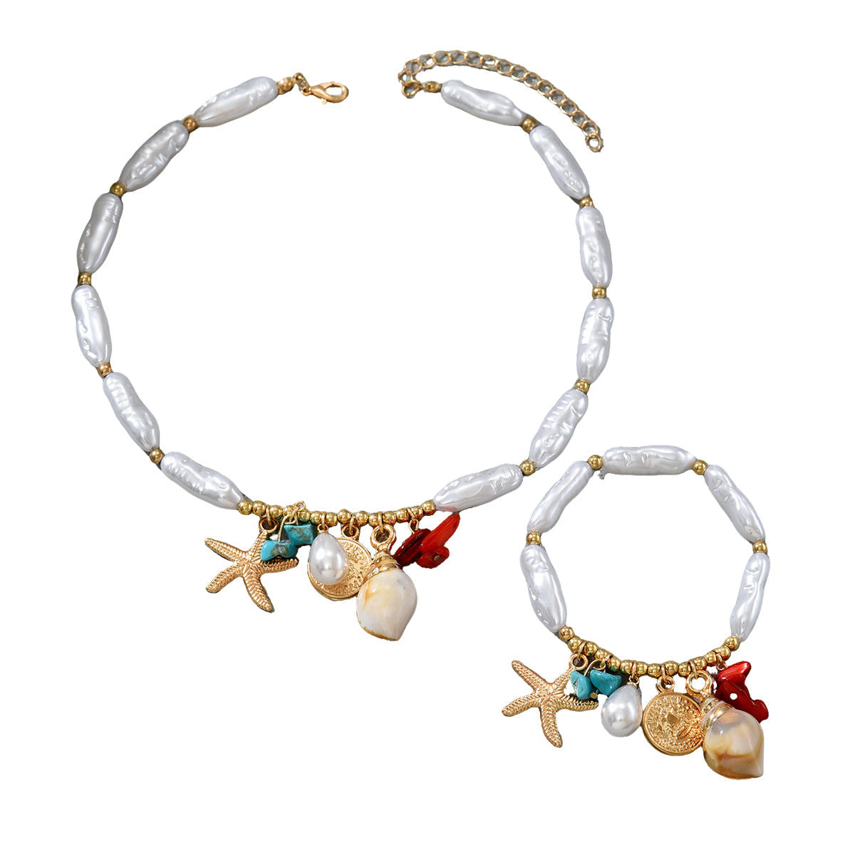 European American Ocean Style Women Jewelry Set, Fashion Beaded Shell Conch Design Matching Necklace & Bracelet Daily Accessories
