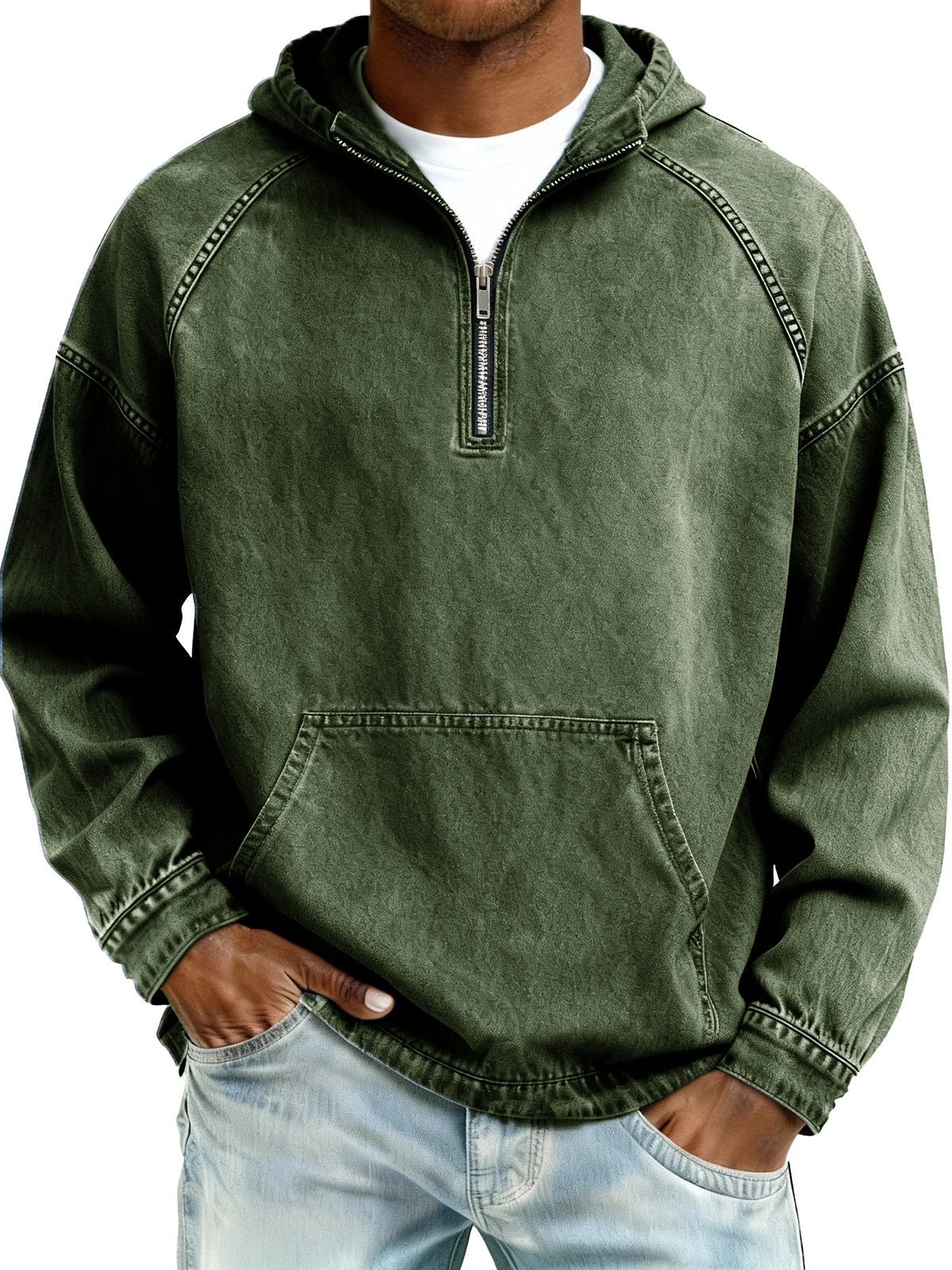 Mens Solid-Color Casual Hooded Zip-Up Sweatshirt
