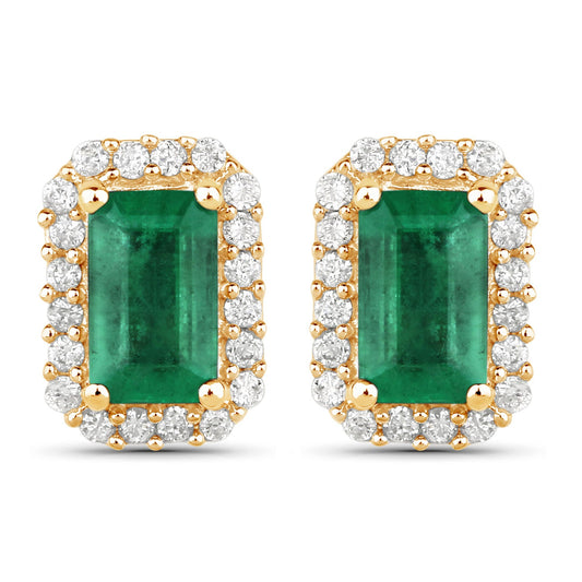 0,91 Karat echte sambische Smaragd- und weiße Diamant-Ohrringe aus 14K Gelbgold