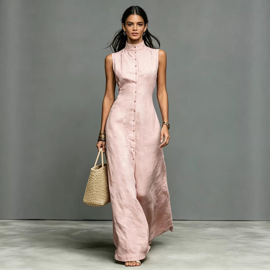 Women's Stand-Collar Single-Breasted Sleeveless Midi Dress