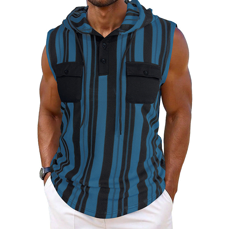 Men's Striped Sleeveless Hooded Vest Pocket