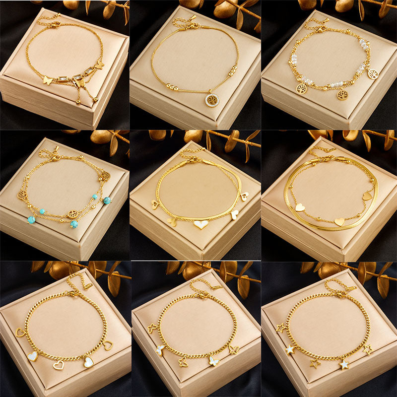 Fashionable Heart-Shaped White Shell Life Tree Butterfly Womens Anklet