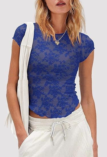Womens Short-Sleeve Mesh See-Through Lace Top