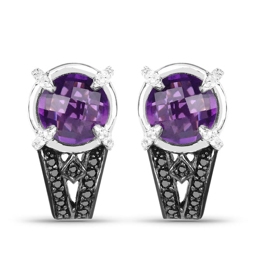 3.61 Karat Echter Amethyst, Schwarzer Diamant und Weißer Diamant .925 Sterling Silber Ohrringe