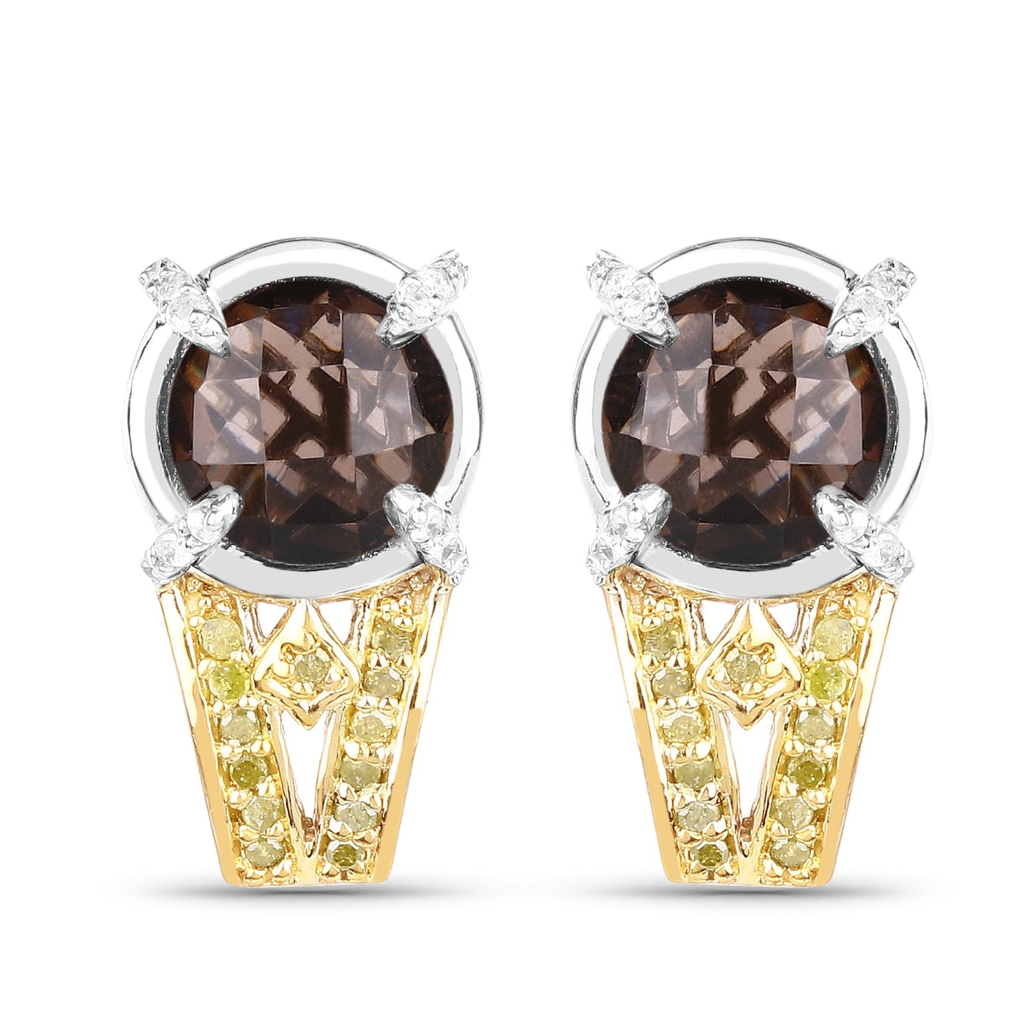 Boucles d'oreilles en argent sterling 925 avec quartz fumé véritable de 3,75 carats, diamants jaunes et diamants blancs