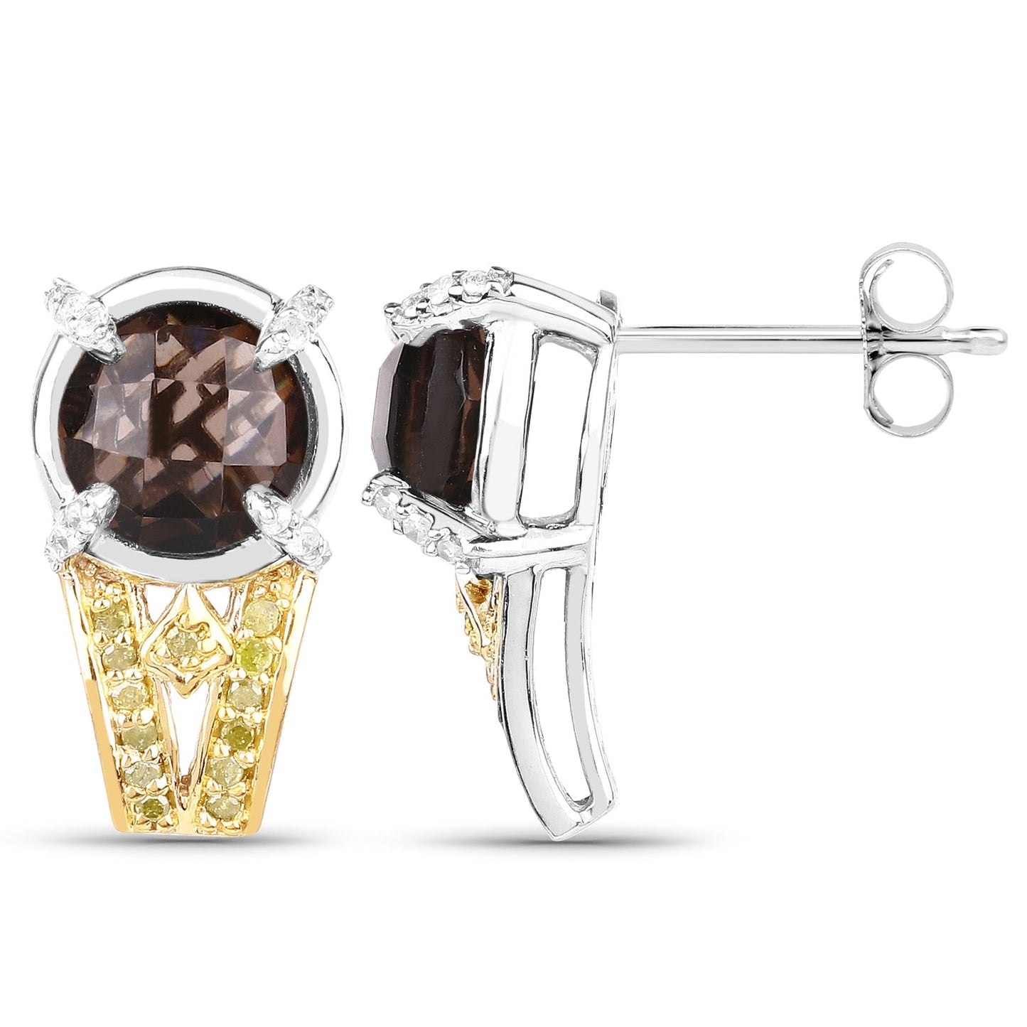 Boucles d'oreilles en argent sterling 925 avec quartz fumé véritable de 3,75 carats, diamants jaunes et diamants blancs