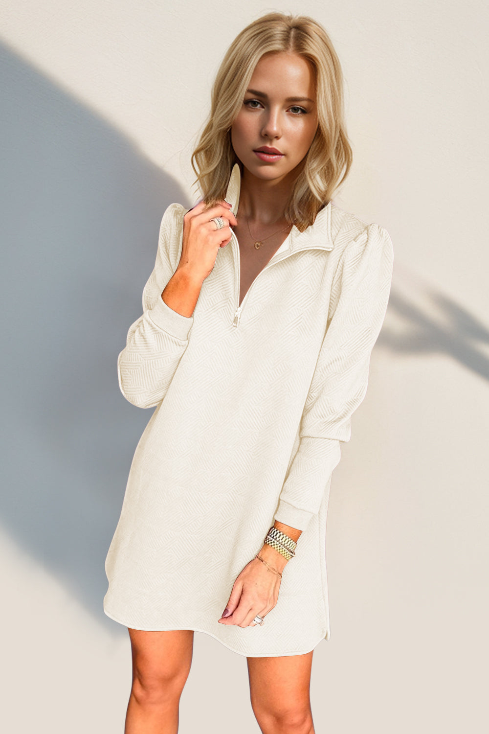 Double Take Textured Zip Long Sleeve Dress Classic Zip-Up Dress for Women Comfortable Outdoor Dress