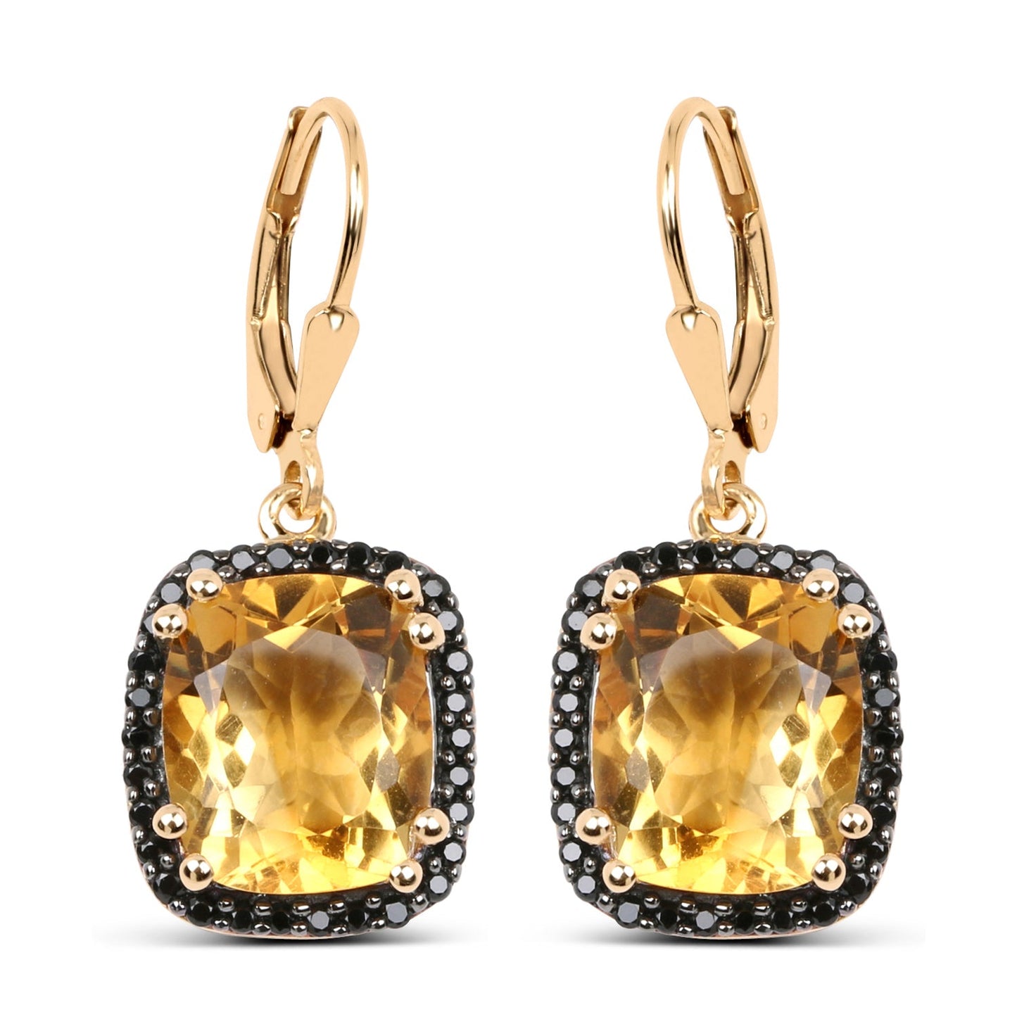 14K Gelbgold plattiert 8.90 Karat echter Citrin & schwarzer Spinell .925 Sterlingsilber Ohrringe