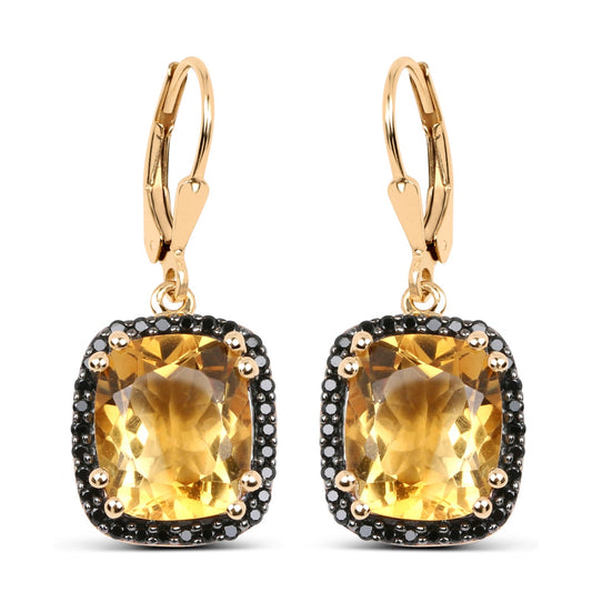 14K Gelbgold plattiert 8.90 Karat echter Citrin & schwarzer Spinell .925 Sterlingsilber Ohrringe