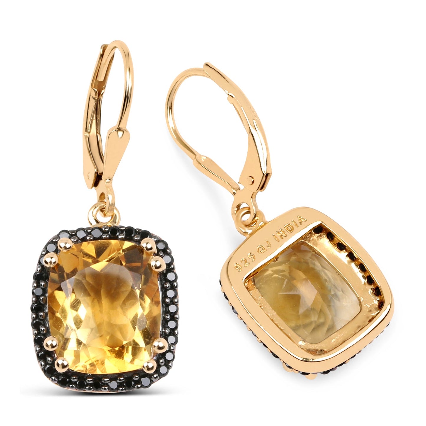 14K Gelbgold plattiert 8.90 Karat echter Citrin & schwarzer Spinell .925 Sterlingsilber Ohrringe
