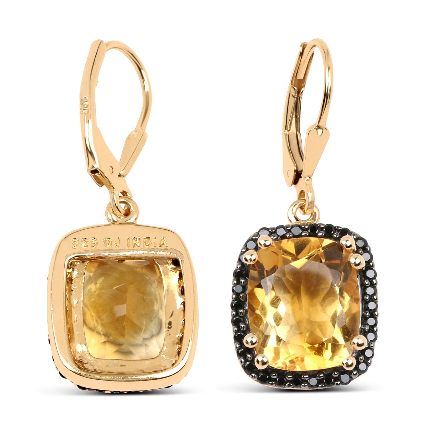 14K Gelbgold plattiert 8.90 Karat echter Citrin & schwarzer Spinell .925 Sterlingsilber Ohrringe