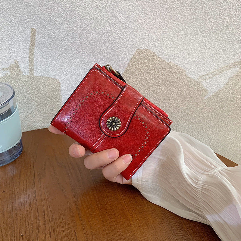 New Womens Oil-leather Wallet Vintage Short Style