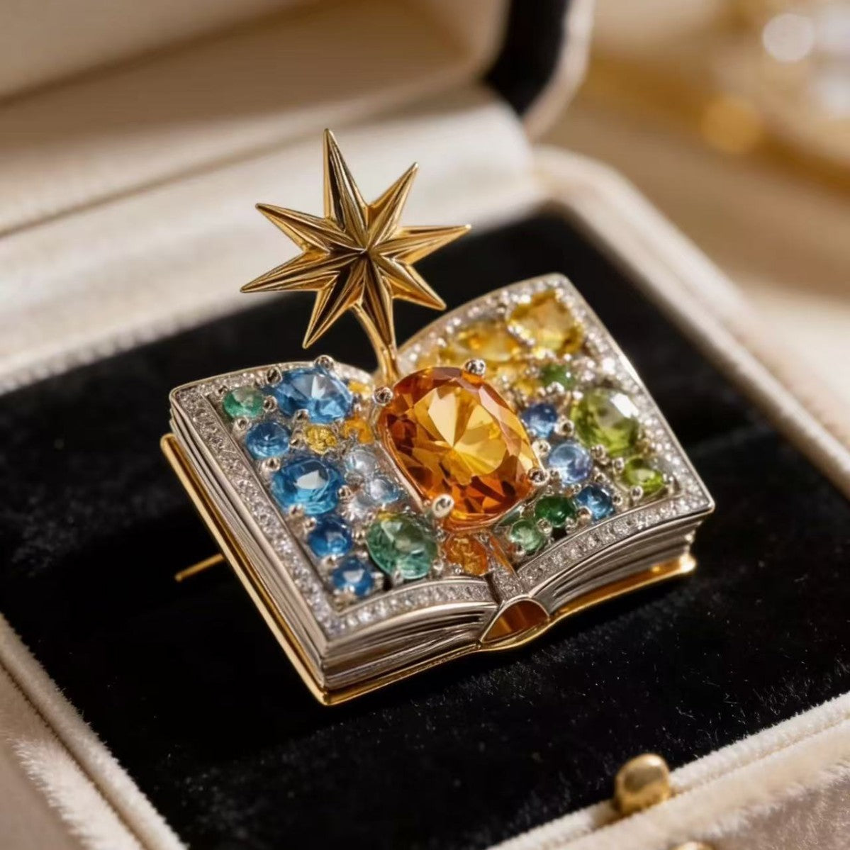 Fashionable Fully Diamond-encrusted Eight-pointed Star Fairy Book Brooch